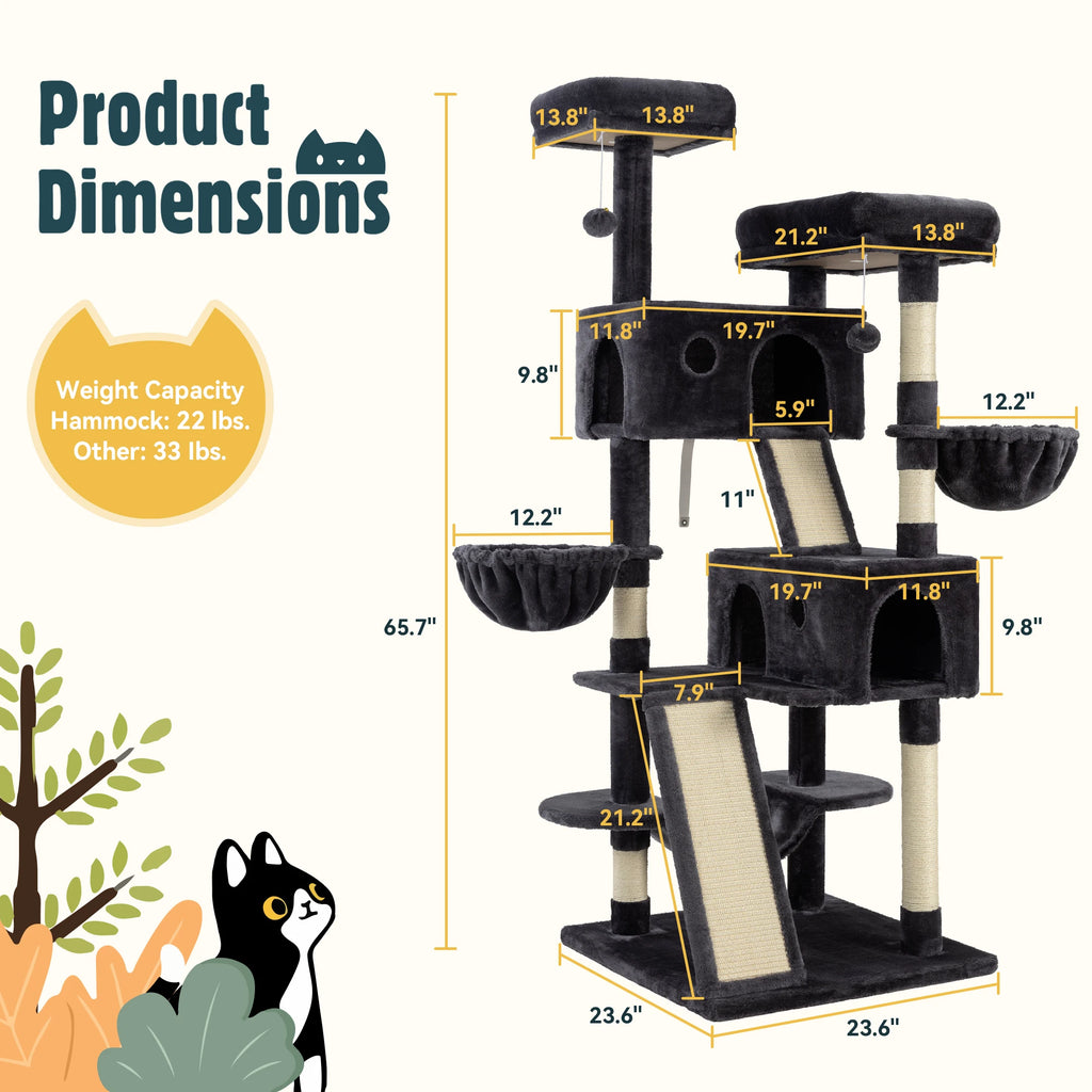 65-Inch Multi-Level Large Cat Tree Tower | Cozy Plush Cat Condo with Baskets, Perches & Sisal Scratching Posts by Allewie