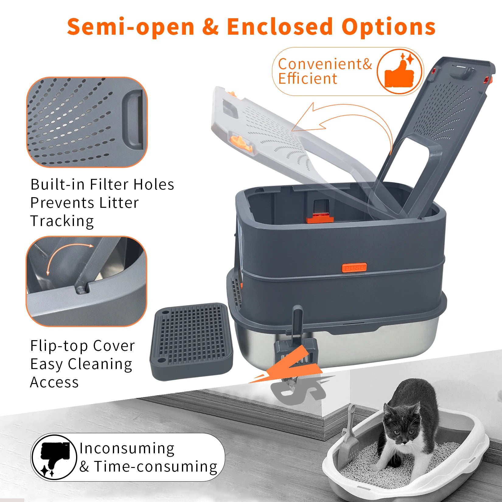 Extra Large Stainless Steel Cat Litter Box | Fully Enclosed High-Sided Cat Litter Tray with Removable Lid & Scoop | Easy Clean Odor Control Design