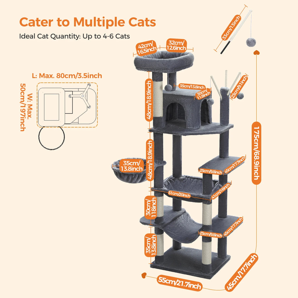 Multi-Level Cat Tree Tower with Scratching Posts and Hammock – Modern Cat Condo for Indoor Cats