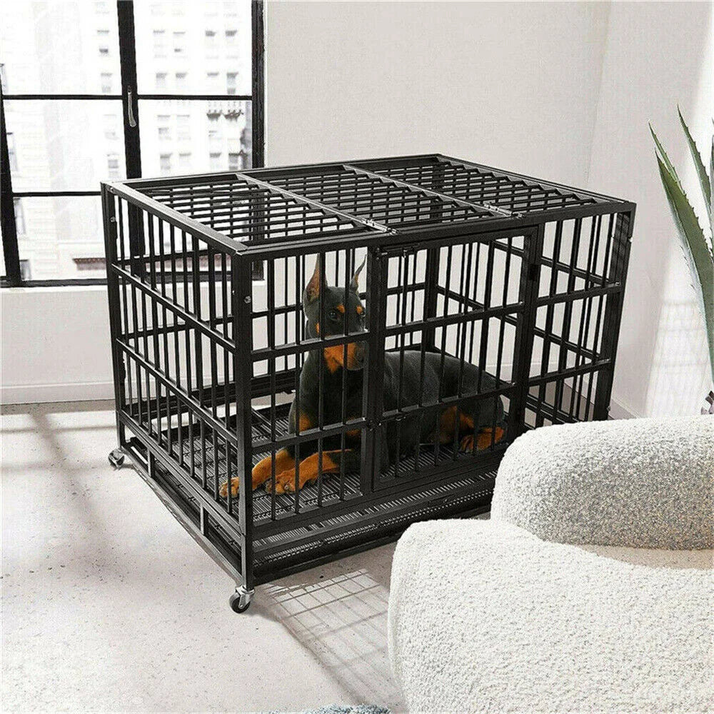 XXL Heavy-Duty Metal Dog Crate – Extra-Large Strong Pet Cage with Lockable Wheels, Removable Tray, and Tear-Resistant Steel Frame