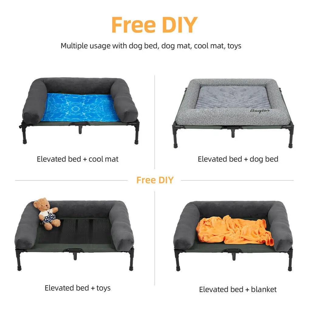 Elevated Dog Bed with Detachable Plush Bolster – Indoor & Outdoor Cooling Pet Lounger for Dogs and Cats, Available in L and XL Sizes