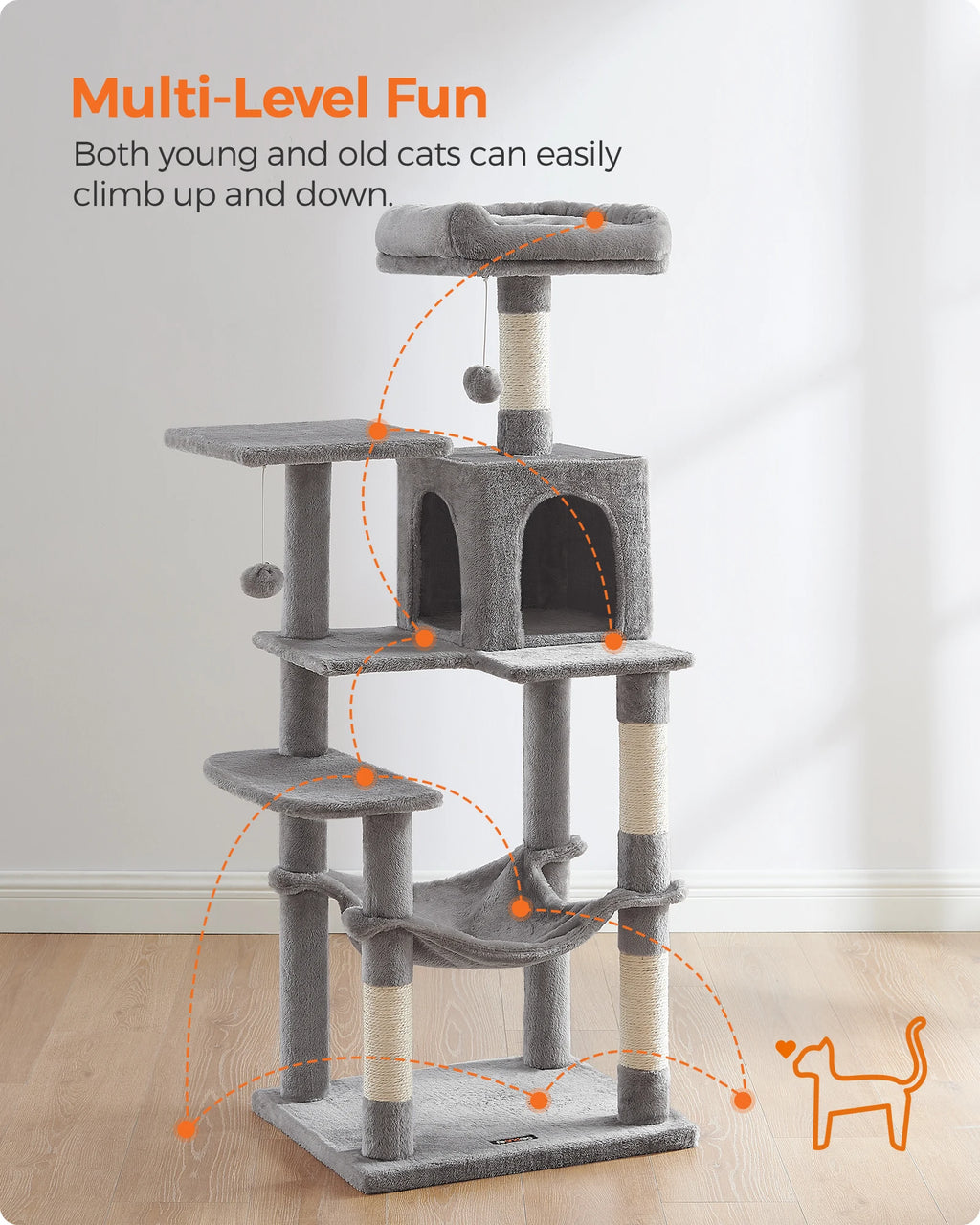 Feandrea 56.3-Inch Multi-Level Cat Tree – Indoor Cat Tower with Scratching Posts, Hammock, Perches, and Cozy Condo