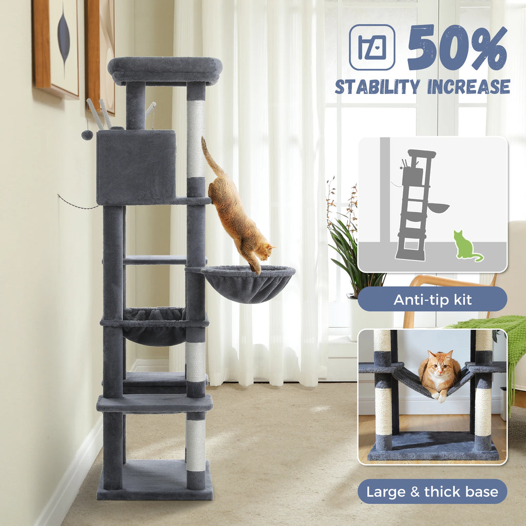 Multi-Level Cat Tree Tower with Scratching Posts and Hammock – Modern Cat Condo for Indoor Cats