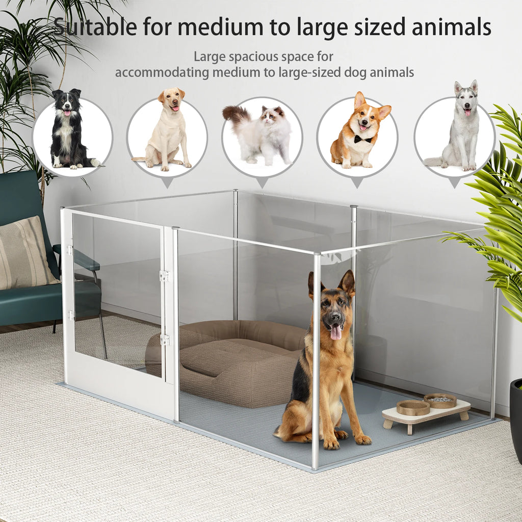Clear Acrylic Pet Playpen – Transparent Dog and Cat Exercise Fence with Waterproof Whelping Pad for Puppies and Kittens