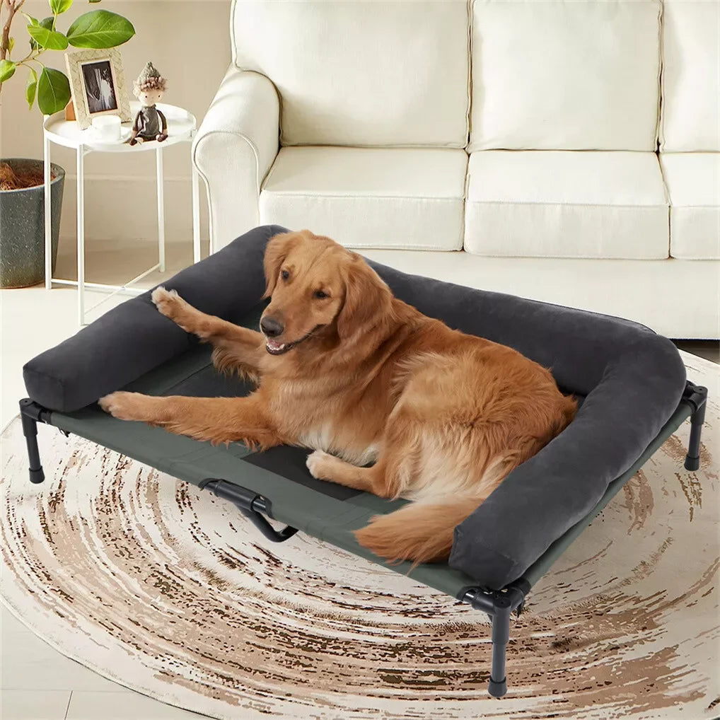Outdoor Elevated Dog Bed – Cooling Mesh Cot with Detachable Plush Bolster for Camping and Lounging