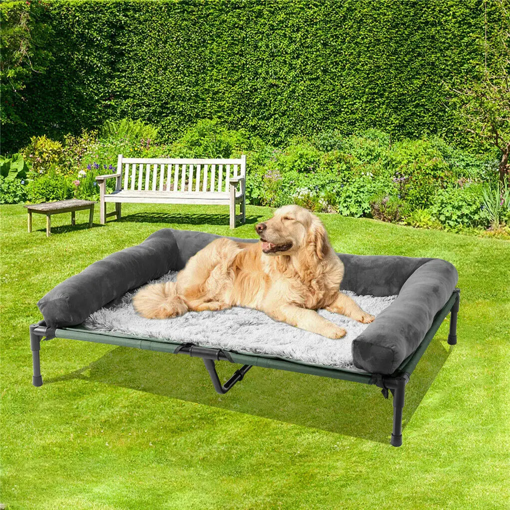 Elevated Dog Bed with Detachable Plush Bolster – Indoor & Outdoor Cooling Pet Lounger for Dogs and Cats, Available in L and XL Sizes