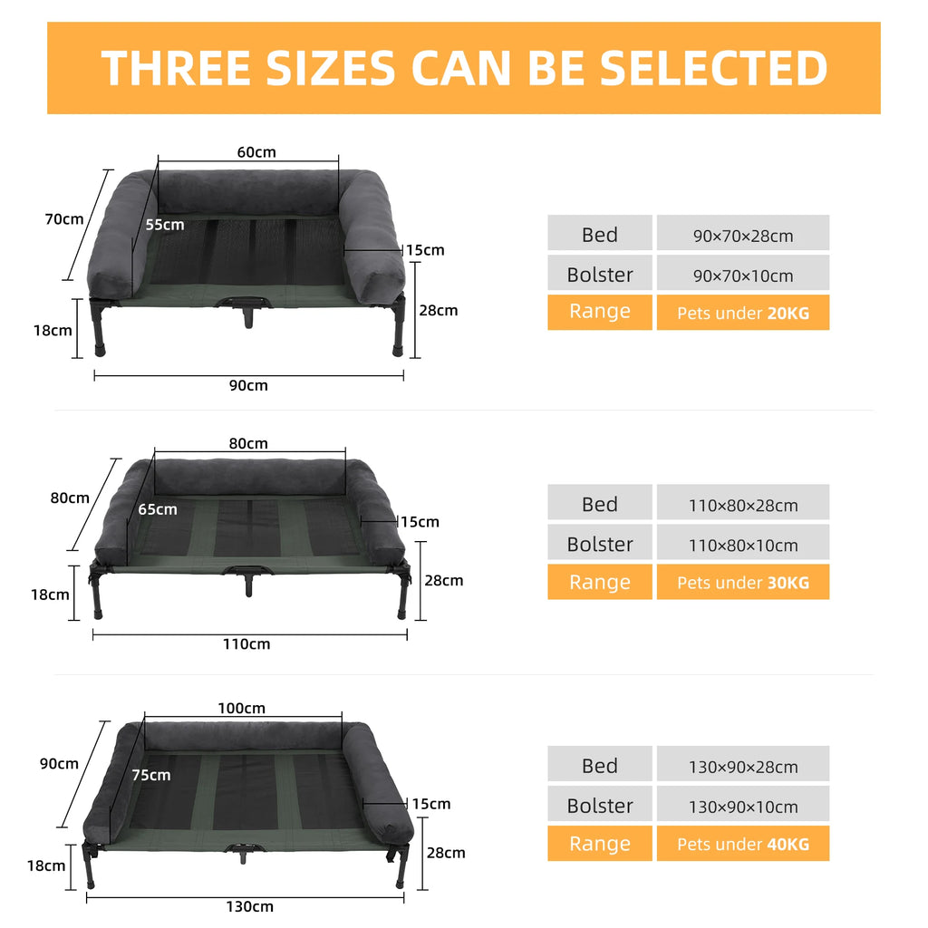 Elevated Dog Bed with Detachable Plush Bolster – Indoor & Outdoor Cooling Pet Lounger for Dogs and Cats, Available in L and XL Sizes