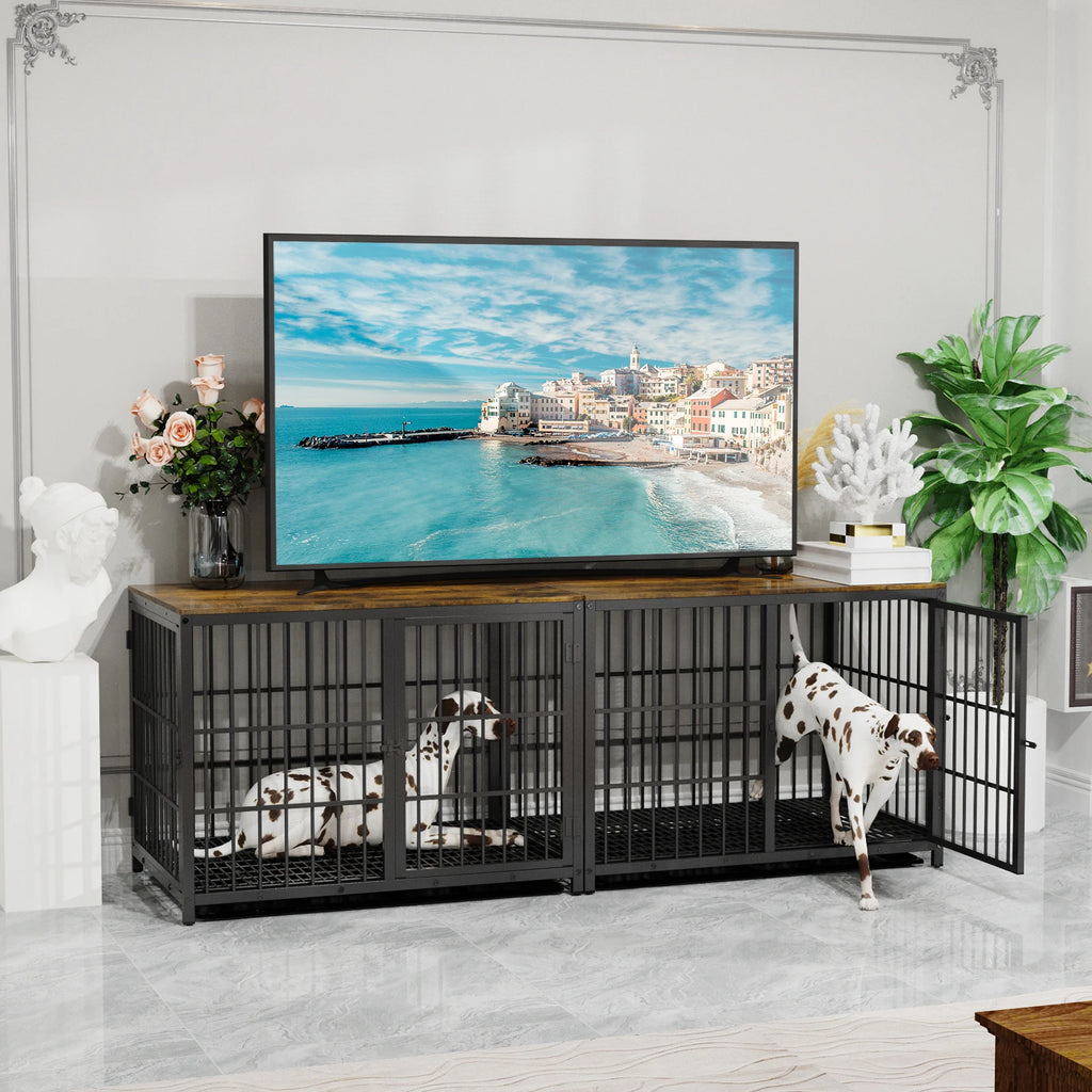 Furniture-Style Dog Crate – Metal and Wood Pet Kennel End Table with Three Doors and Removable Tray