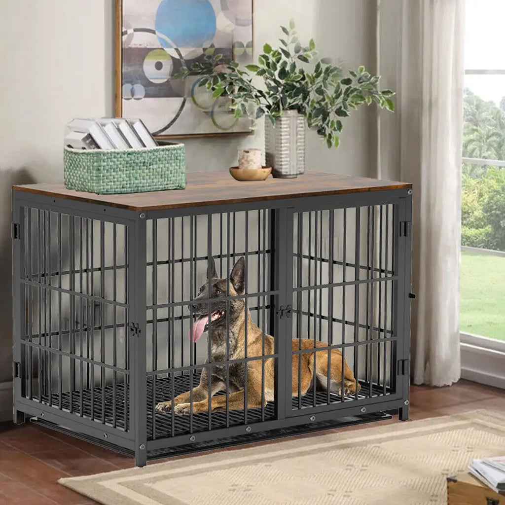 Furniture-Style Dog Crate – Metal and Wood Pet Kennel End Table with Three Doors and Removable Tray
