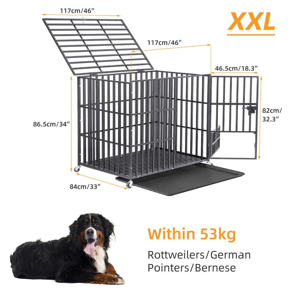XXL Heavy-Duty Metal Dog Crate – Extra-Large Strong Pet Cage with Lockable Wheels, Removable Tray, and Tear-Resistant Steel Frame