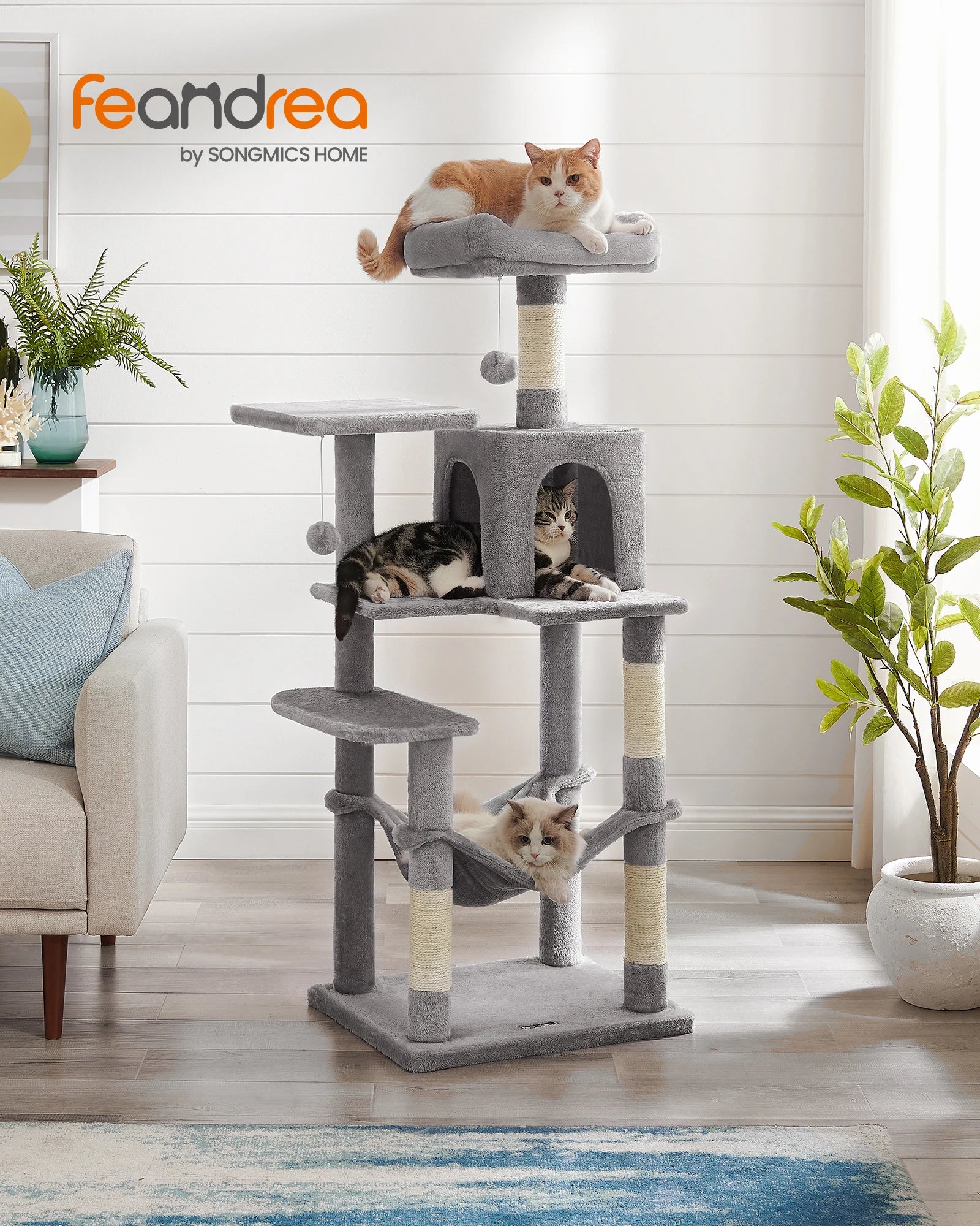 Feandrea 56.3-Inch Multi-Level Cat Tree – Indoor Cat Tower with Scratching Posts, Hammock, Perches, and Cozy Condo