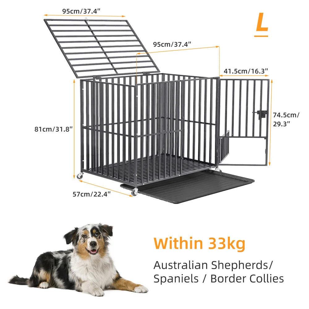 XXL Heavy-Duty Metal Dog Crate – Extra-Large Strong Pet Cage with Lockable Wheels, Removable Tray, and Tear-Resistant Steel Frame