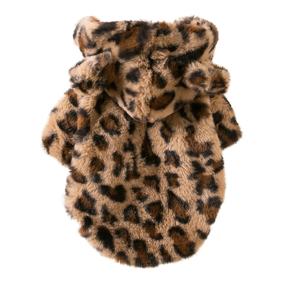 Leopard Print Fleece Dog Hoodie – Winter Warm Pet Jacket for Small Dogs, Cozy Coat for French Bulldogs and Puppies