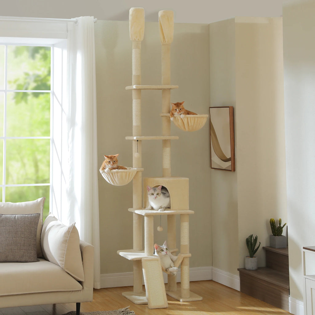 Adjustable Height Floor-to-Ceiling Cat Tower | Multi-Level Cat Tree with Sisal Scratching Posts, Cozy Condo & Hammock | Modern Cat Scratcher for Indoor Cats
