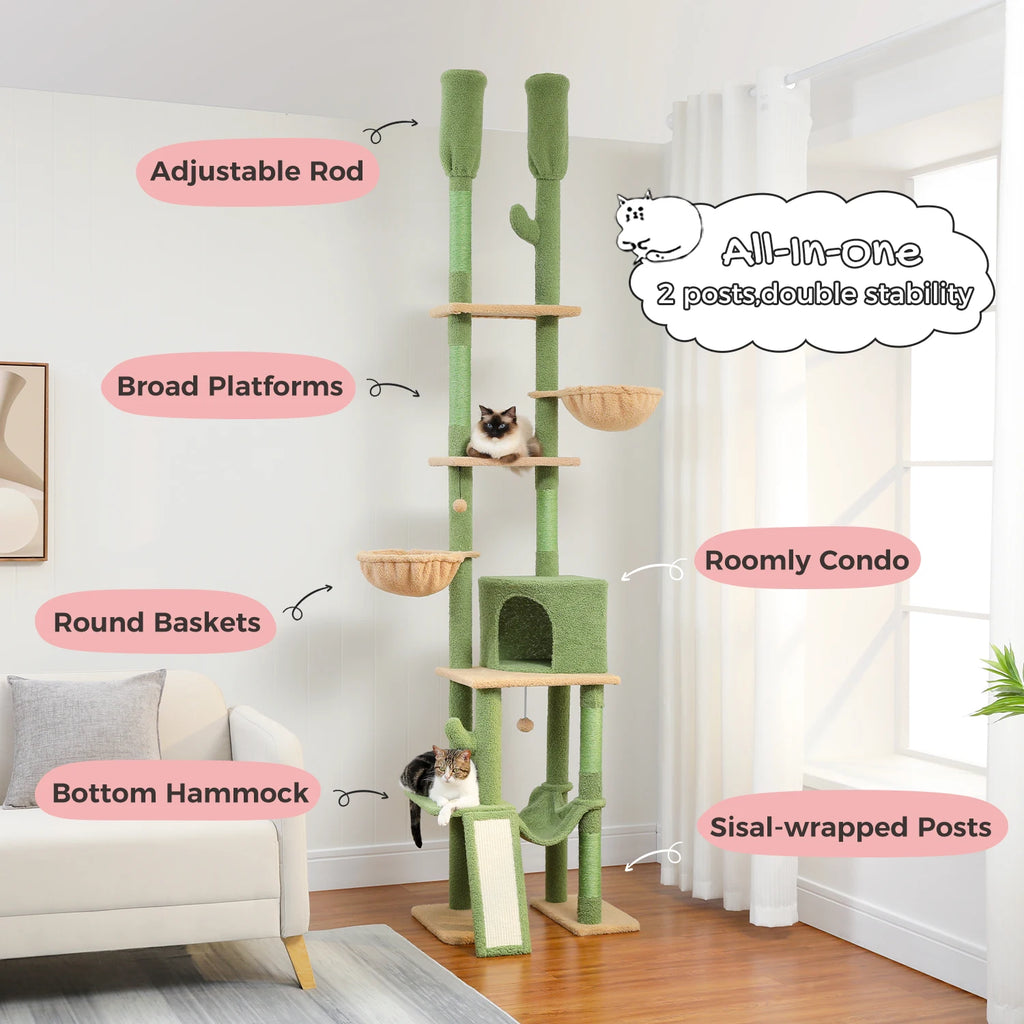 Adjustable Height Floor-to-Ceiling Cat Tower | Multi-Level Cat Tree with Sisal Scratching Posts, Cozy Condo & Hammock | Modern Cat Scratcher for Indoor Cats