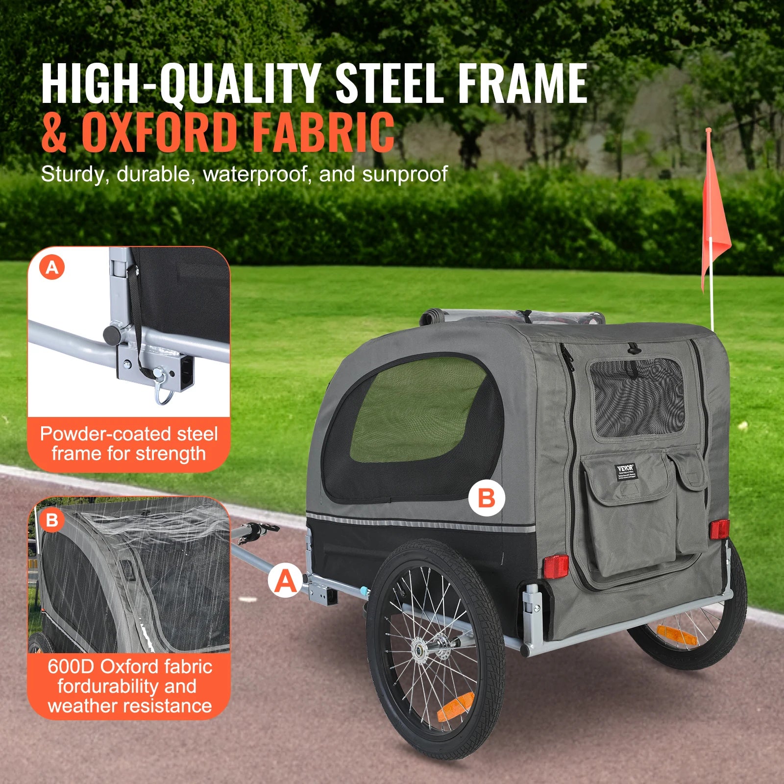 Heavy-Duty Dog Bike Trailer – 88 lbs Pet Bicycle Carrier with Wheels, Safety Flag, Reflectors & Foldable Steel Frame for Easy Storage