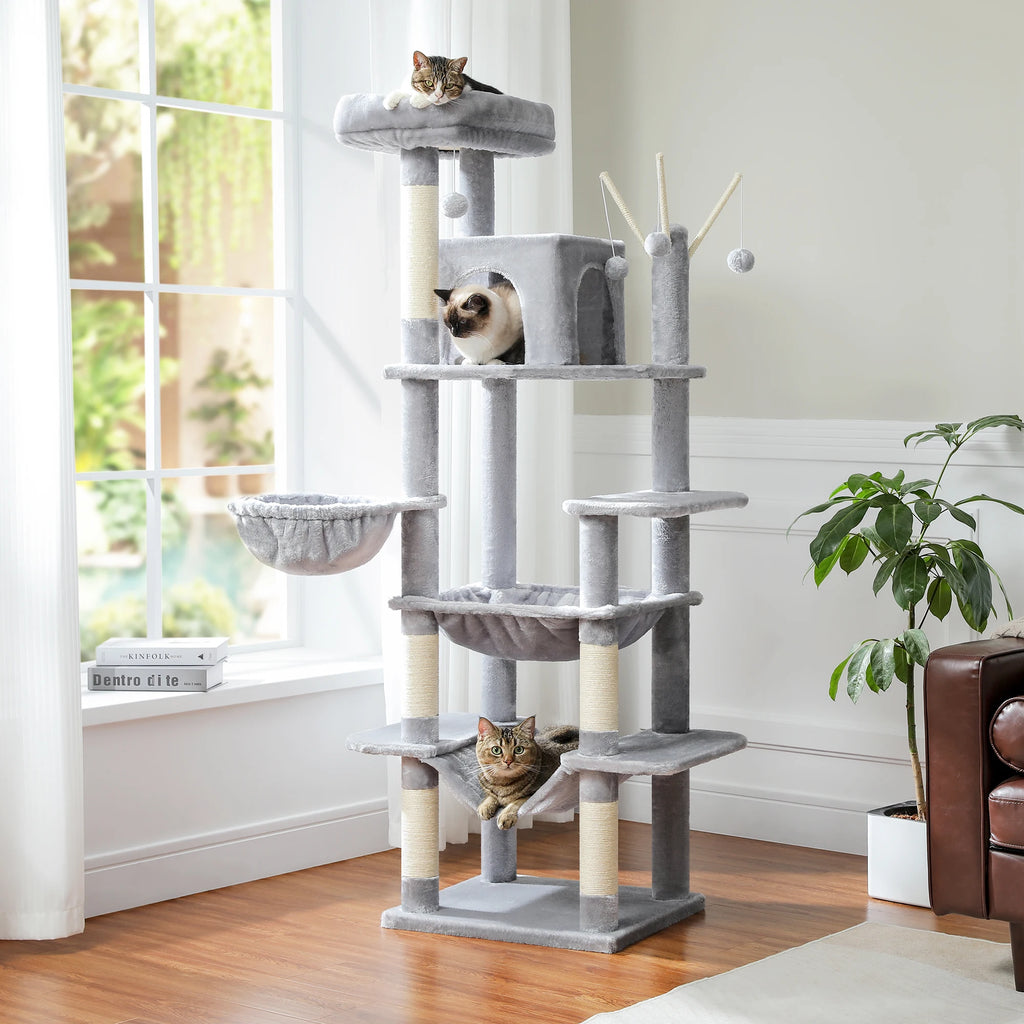 Multi-Level Cat Tree Tower with Scratching Posts and Hammock – Modern Cat Condo for Indoor Cats