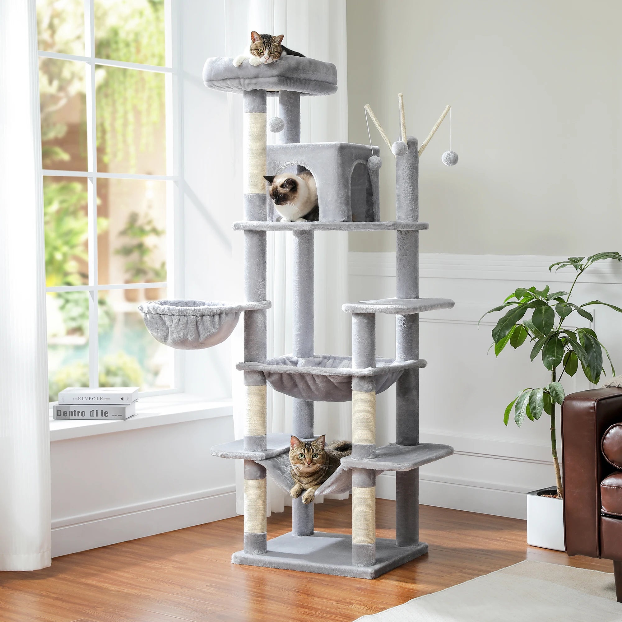 Multi-Level Cat Tree Tower with Scratching Posts and Hammock – Modern Cat Condo for Indoor Cats