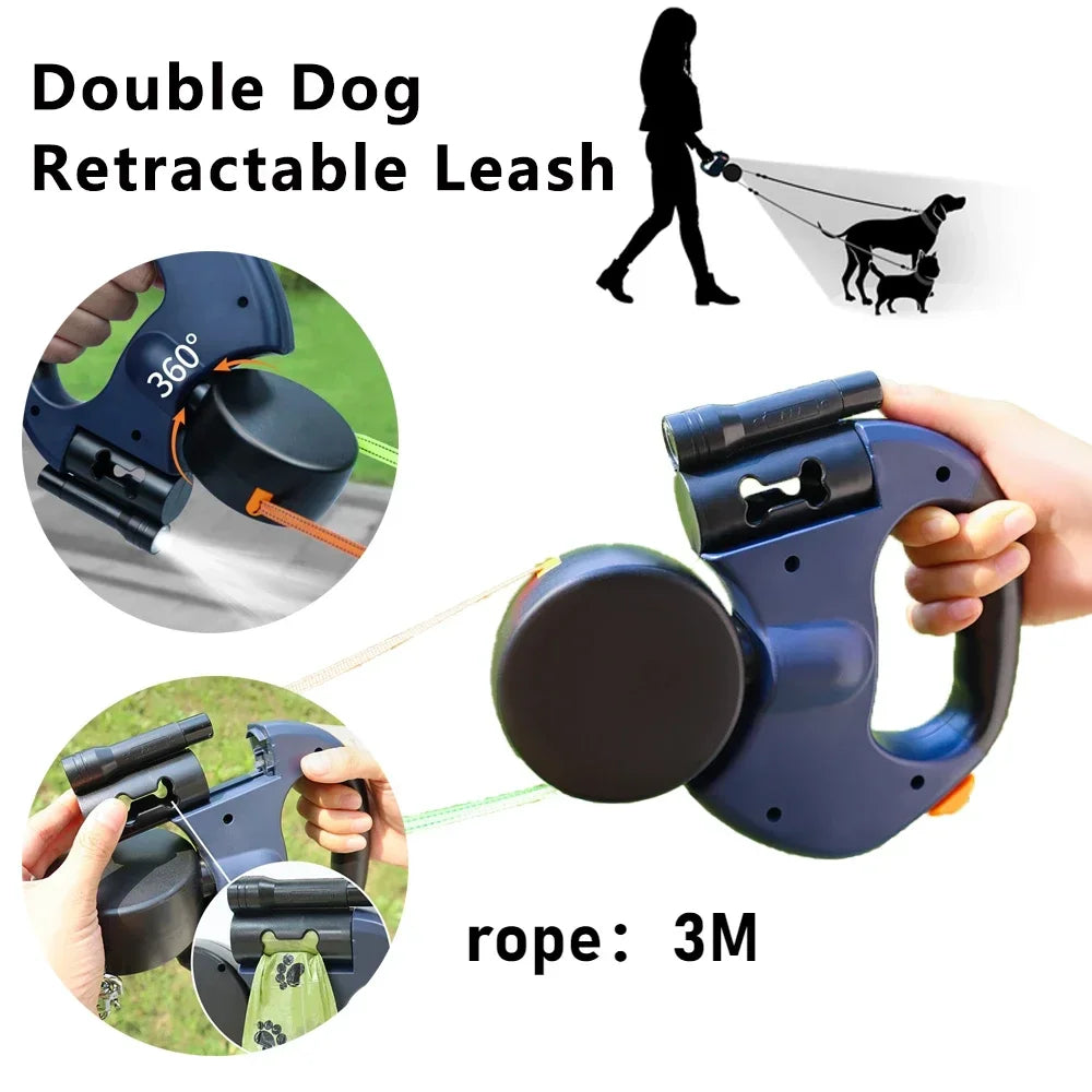 Retractable Dual Dog Leash with LED Light | 360° Swivel No-Tangle Design | Independent Brake System & 3M Reflective Leads for Two Dogs