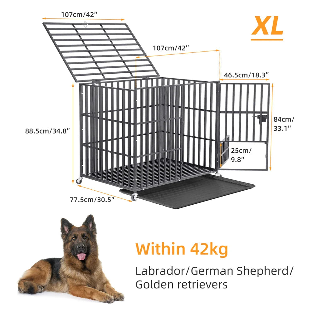 XXL Heavy-Duty Metal Dog Crate – Extra-Large Strong Pet Cage with Lockable Wheels, Removable Tray, and Tear-Resistant Steel Frame