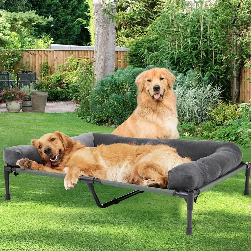 Outdoor Elevated Dog Bed – Cooling Mesh Cot with Detachable Plush Bolster for Camping and Lounging