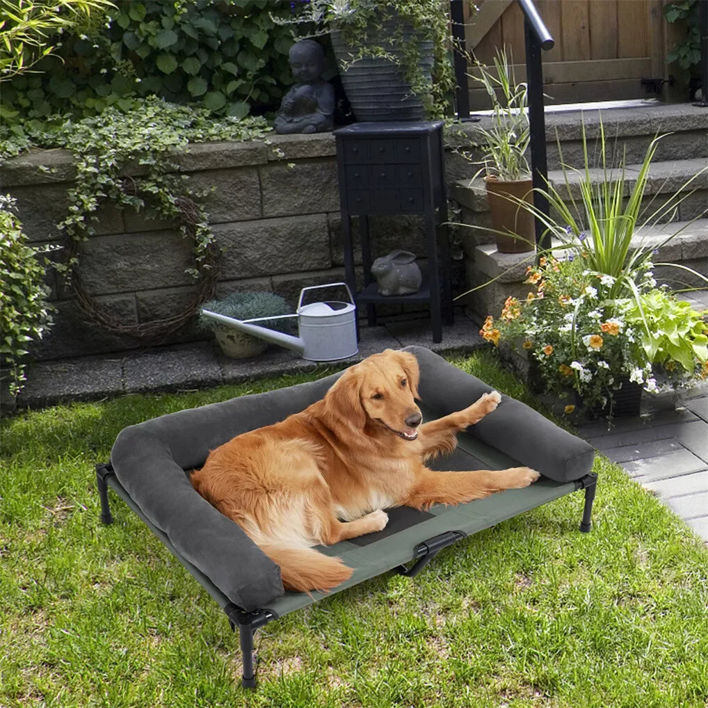 Outdoor Elevated Dog Bed – Cooling Mesh Cot with Detachable Plush Bolster for Camping and Lounging