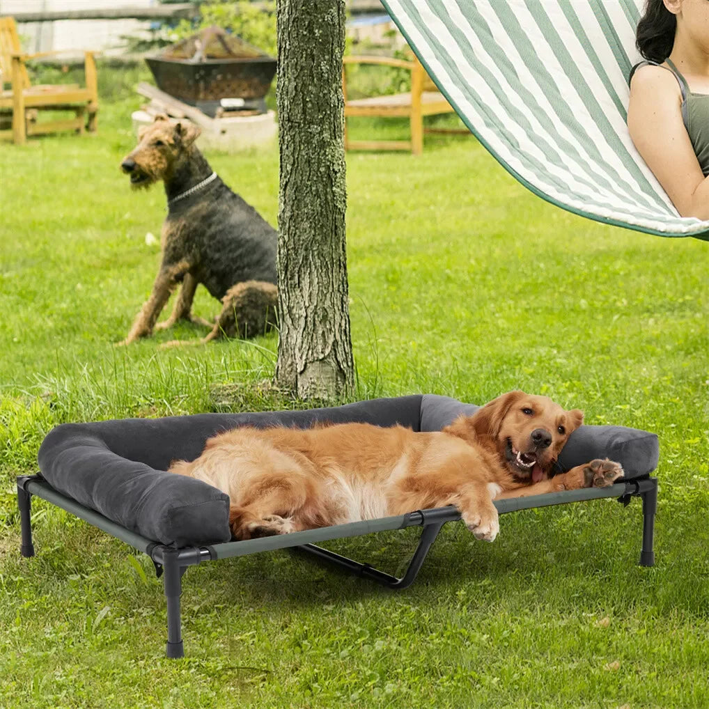 Outdoor Elevated Dog Bed – Cooling Mesh Cot with Detachable Plush Bolster for Camping and Lounging