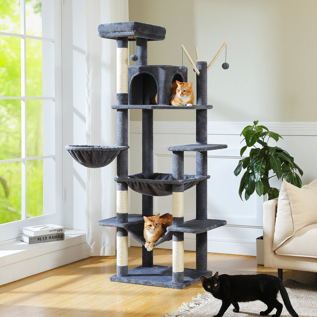 Multi-Level Cat Tree Tower with Scratching Posts and Hammock – Modern Cat Condo for Indoor Cats