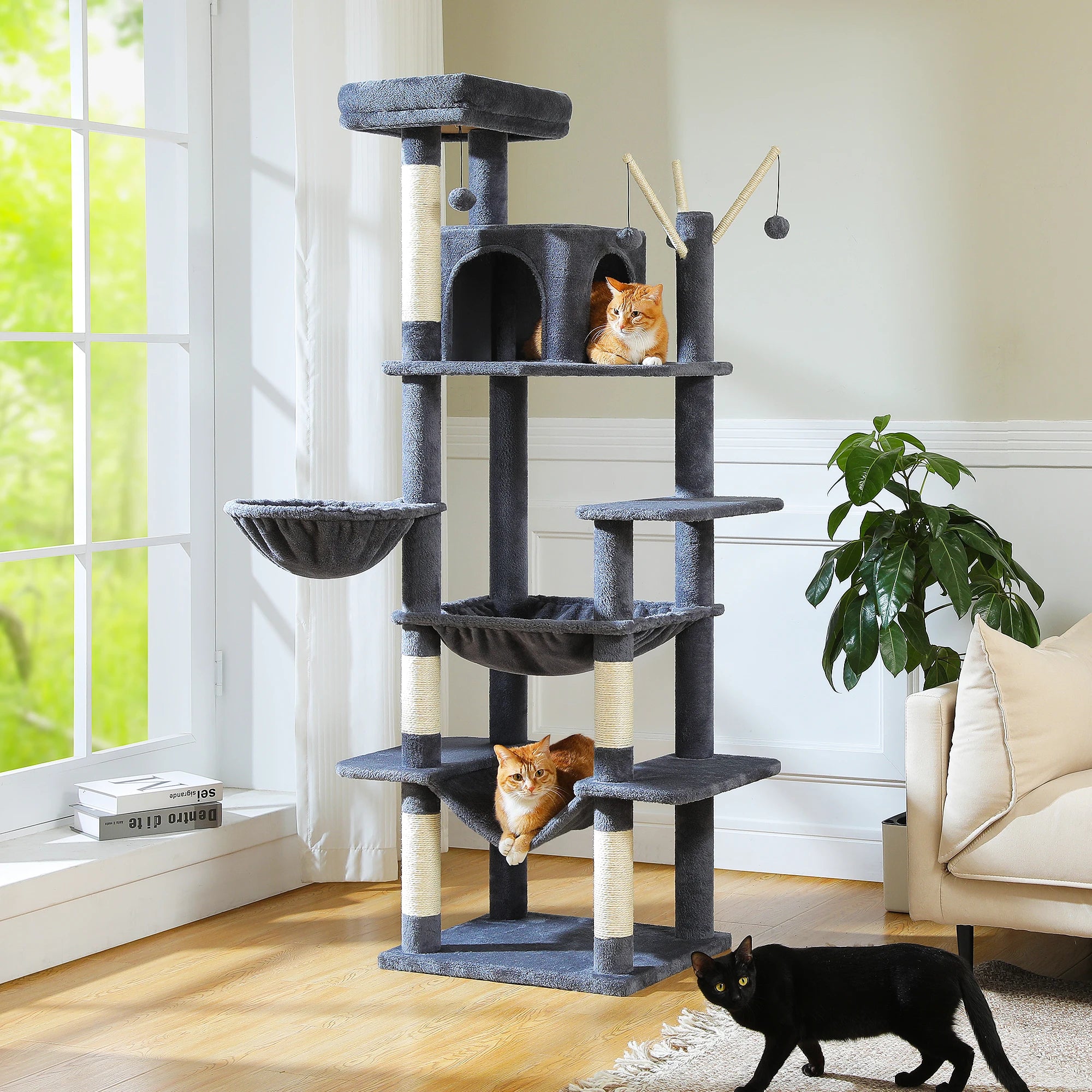 Multi-Level Cat Tree Tower with Scratching Posts and Hammock – Modern Cat Condo for Indoor Cats