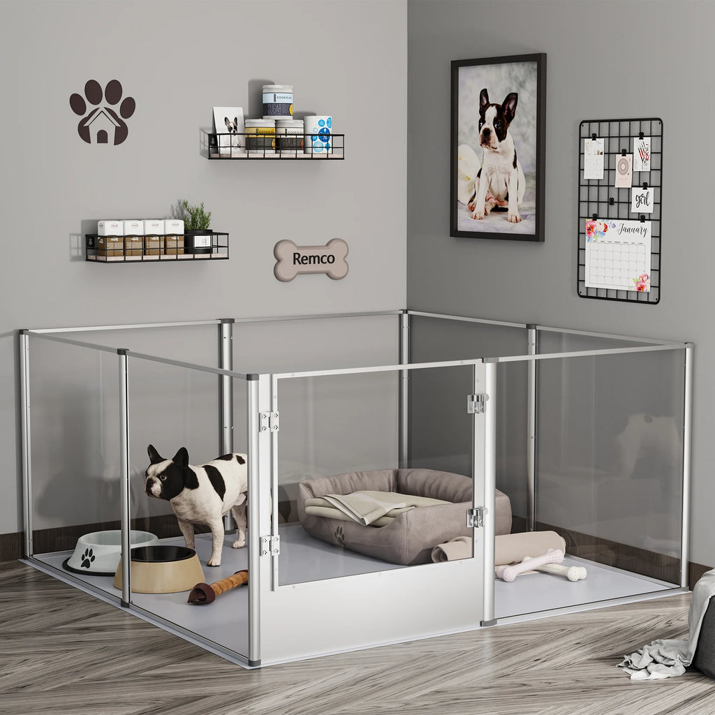Clear Acrylic Pet Playpen – Transparent Dog and Cat Exercise Fence with Waterproof Whelping Pad for Puppies and Kittens