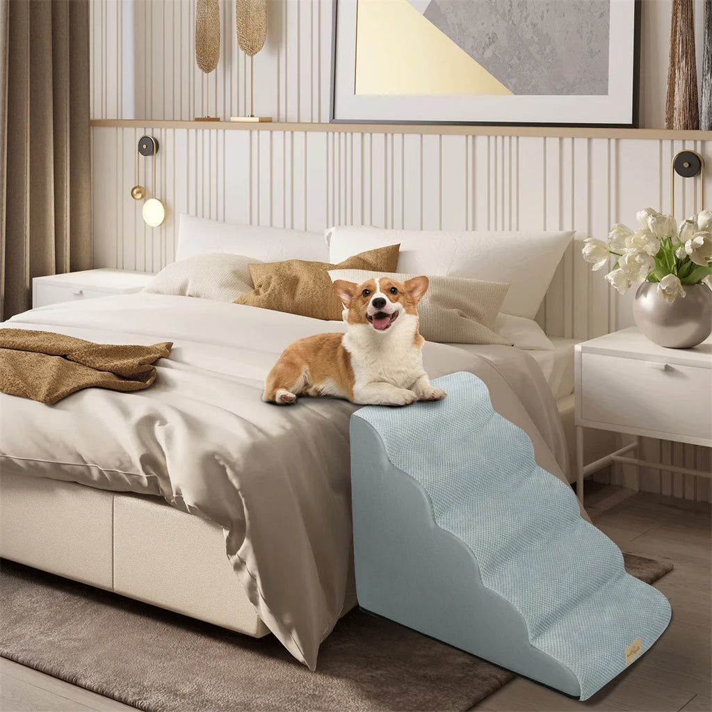 High-Density Foam Dog Stairs – Soft Pet Steps for High Beds and Couches with Washable Cover for Puppies and Small Dogs