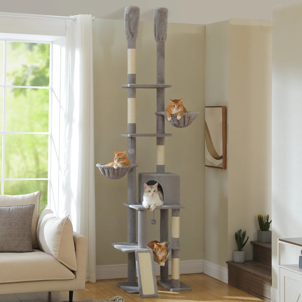 Adjustable Height Floor-to-Ceiling Cat Tower | Multi-Level Cat Tree with Sisal Scratching Posts, Cozy Condo & Hammock | Modern Cat Scratcher for Indoor Cats