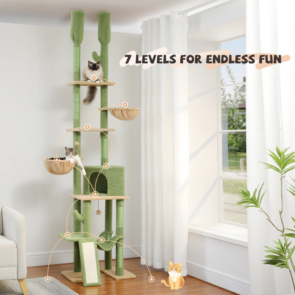 Adjustable Height Floor-to-Ceiling Cat Tower | Multi-Level Cat Tree with Sisal Scratching Posts, Cozy Condo & Hammock | Modern Cat Scratcher for Indoor Cats