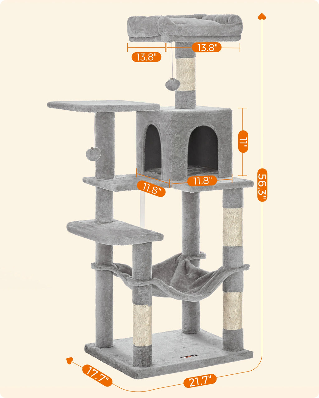 Feandrea 56.3-Inch Multi-Level Cat Tree – Indoor Cat Tower with Scratching Posts, Hammock, Perches, and Cozy Condo