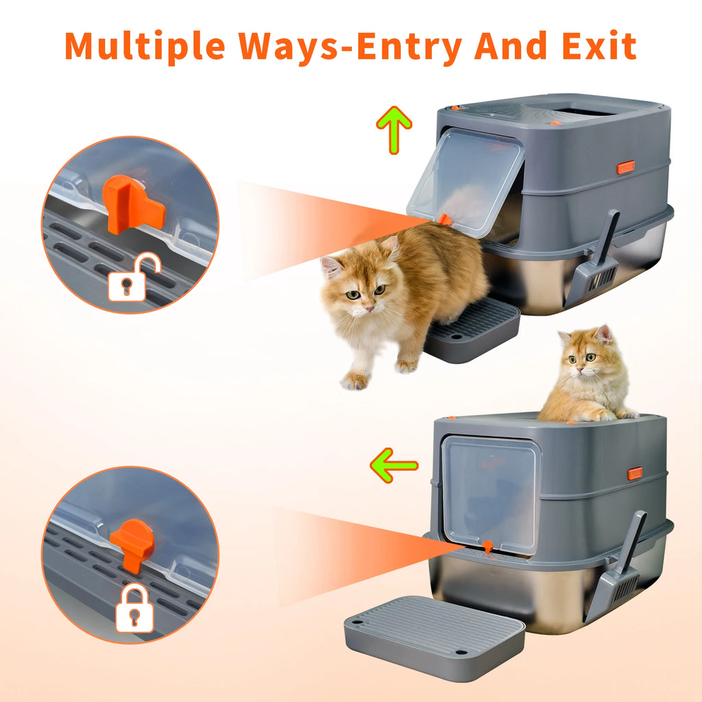 Extra Large Stainless Steel Cat Litter Box | Fully Enclosed High-Sided Cat Litter Tray with Removable Lid & Scoop | Easy Clean Odor Control Design